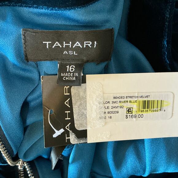 Tahari ASL Long Sleeve Velvet Sheath Cocktail Dress Blue Size 16 Beaded Sash - Picture 14 of 15